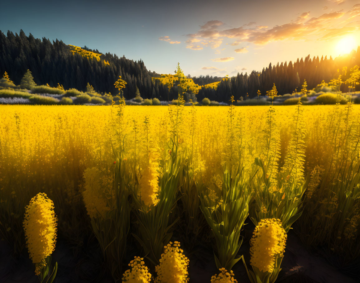Sunlit field of yellow flowers with forest backdrop at sunset