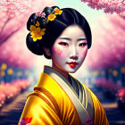 Traditional Japanese Attire Woman Among Cherry Blossoms