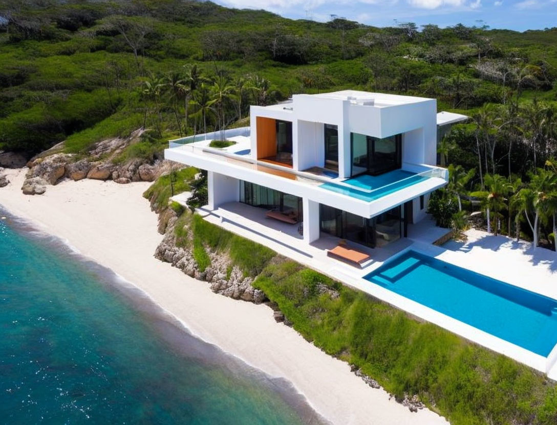Luxurious beachfront villa with white flat roofs, glass windows, ocean-view balcony, pool, and