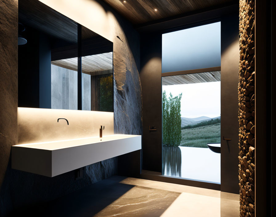 Sleek modern bathroom with floating vanity and scenic view.