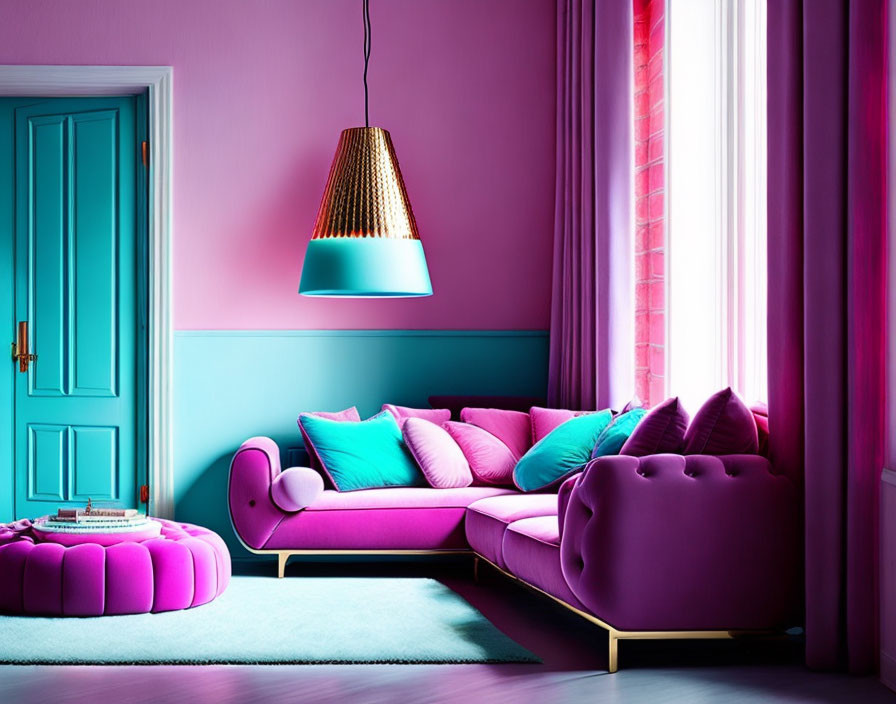 Colorful Room with Pink Walls, Turquoise Door, Fuchsia Sofa, Teal Carpet & Brass