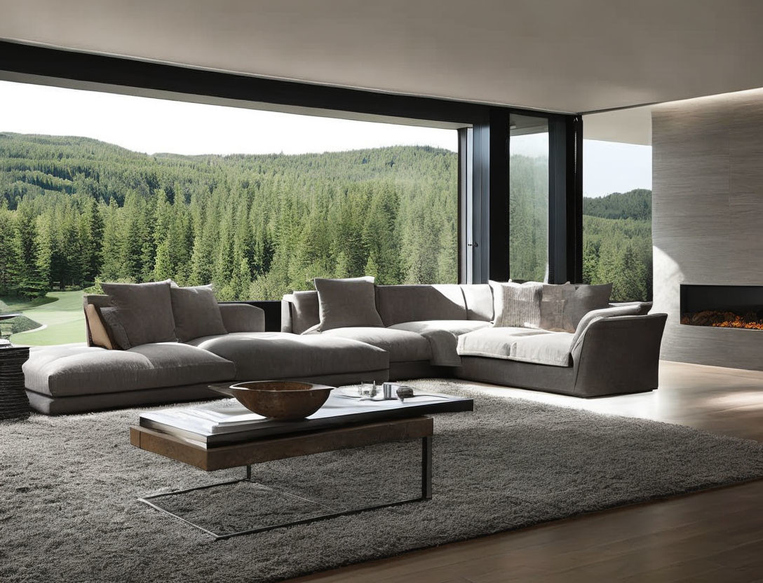 Spacious living room with sectional sofa, fireplace, and forest view