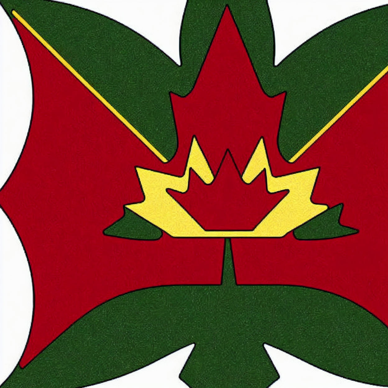 Stylized red and gold maple leaf graphic on green leaf against white background