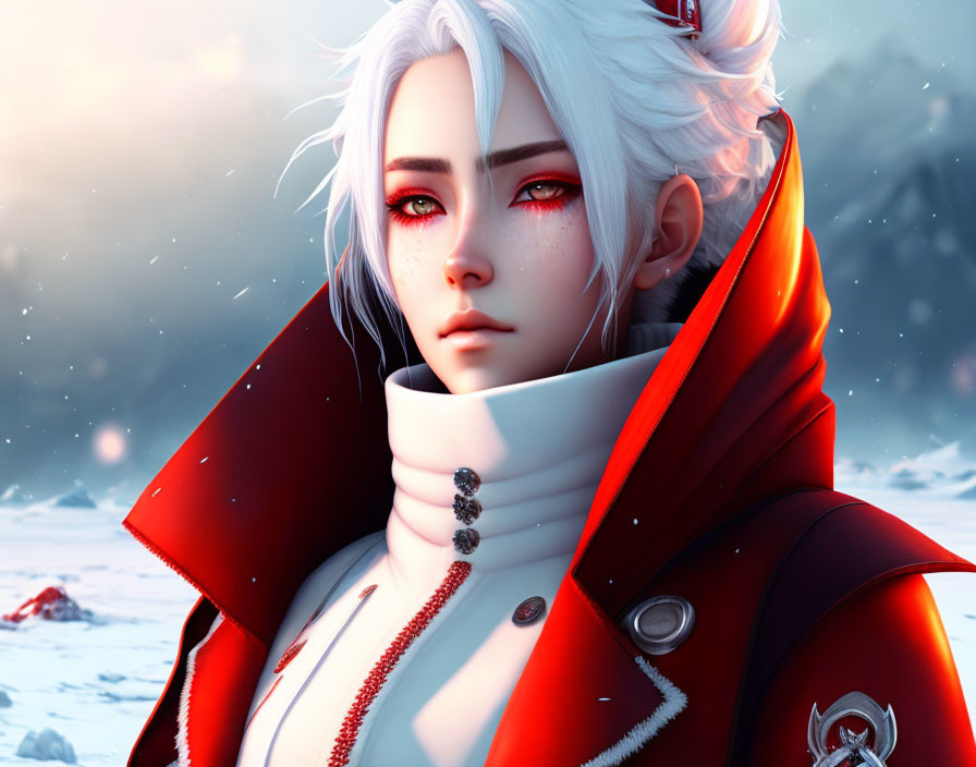 Digital portrait of a person with white hair and red eyes in a red cloak, snowy landscape.