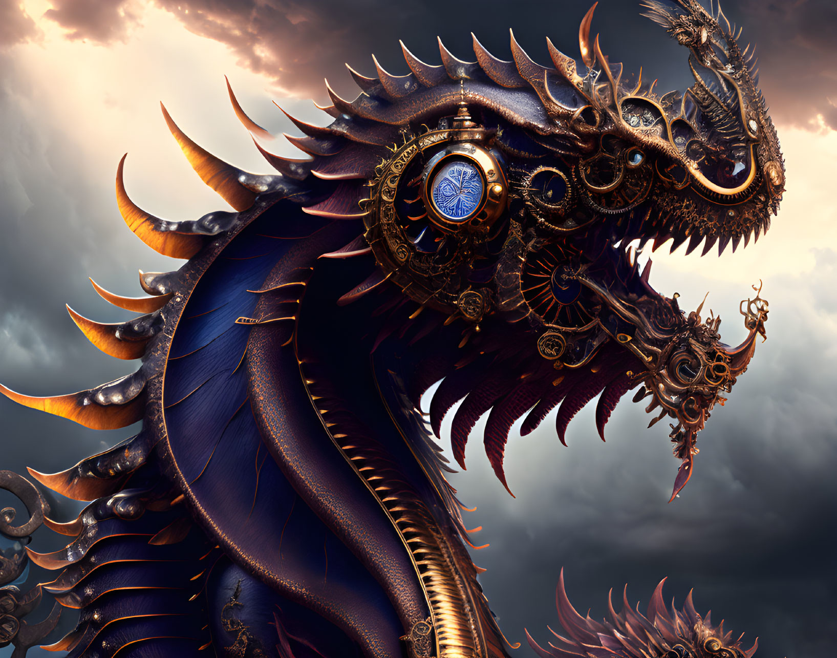 Detailed Mechanical Dragon Against Stormy Sky with Gears and Cogs