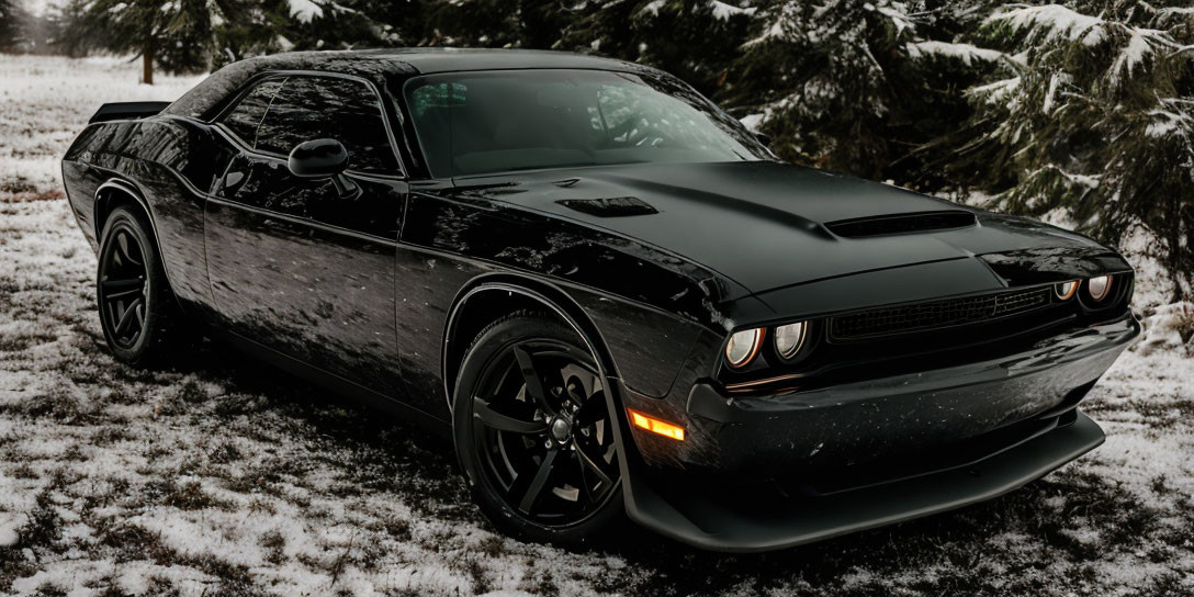 Black Muscle Car Parked on Snowy Ground with Pine Trees Background