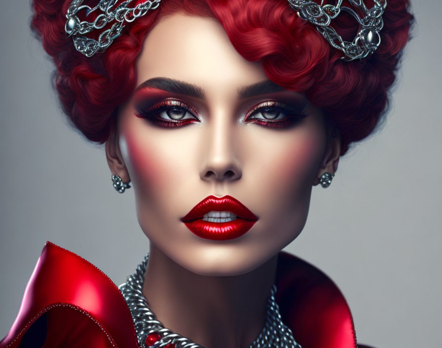 Vibrant red hair woman portrait with crown and jewelry on grey background
