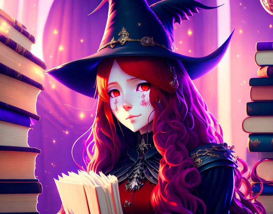 Illustration of red-haired witch reading book among towering ancient tomes