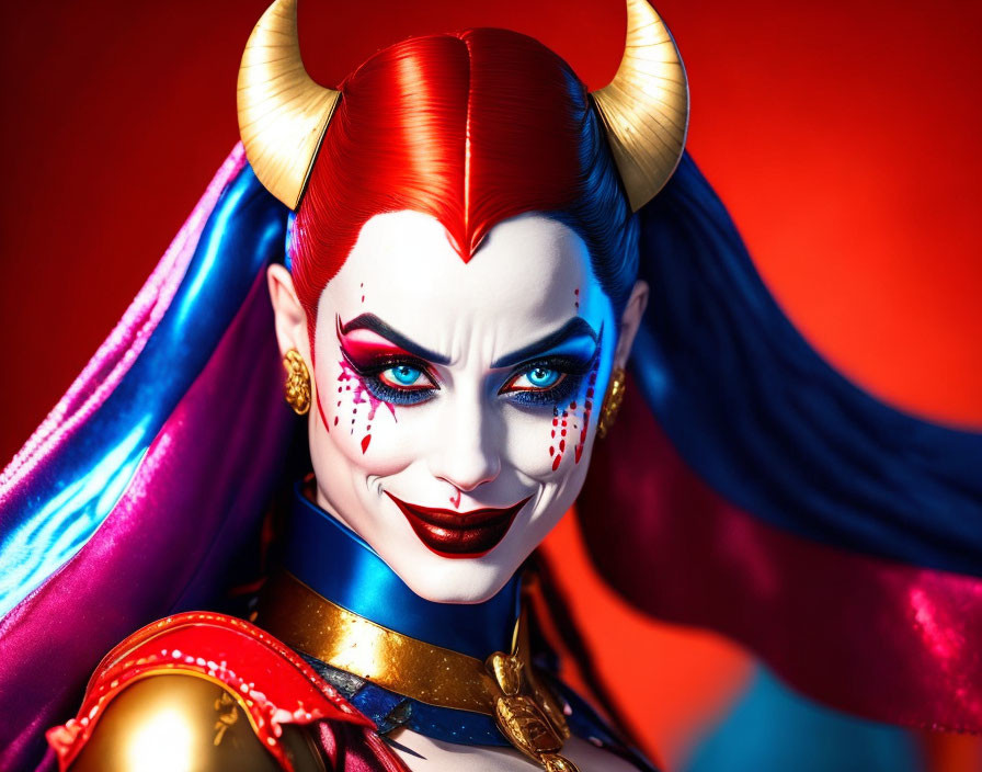 Vibrant portrait of female character with horns and colorful makeup