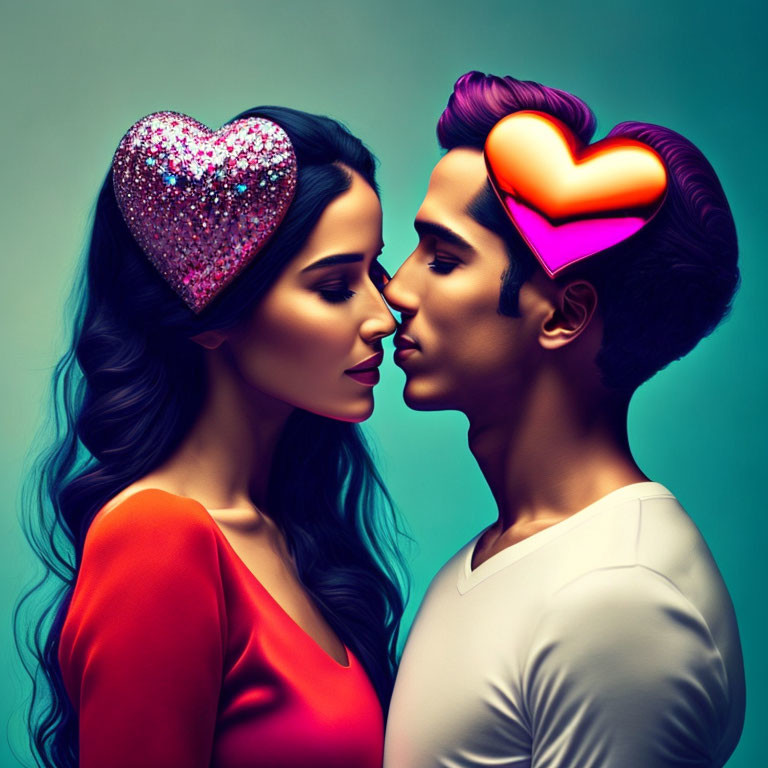Colorful Heart Graphics Over Man and Woman Kissing on Teal Background
