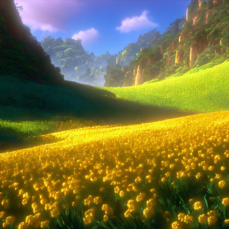 Vibrant yellow flowers on lush green hills with cliffs and mist