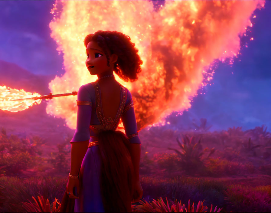 Curly-Haired Girl in Blue Dress Gazes at Twilight Fire Eruption