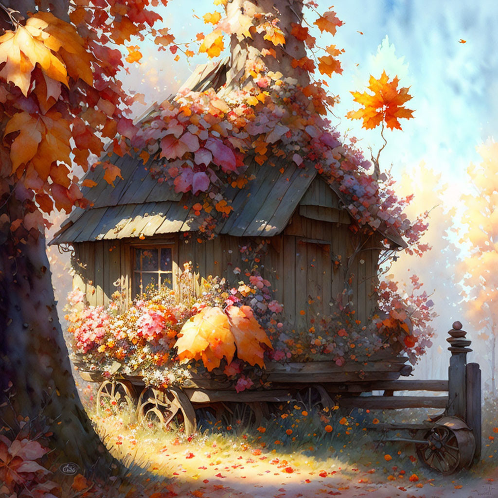 Autumn-themed wooden cottage on cartwheel base in golden sunlight