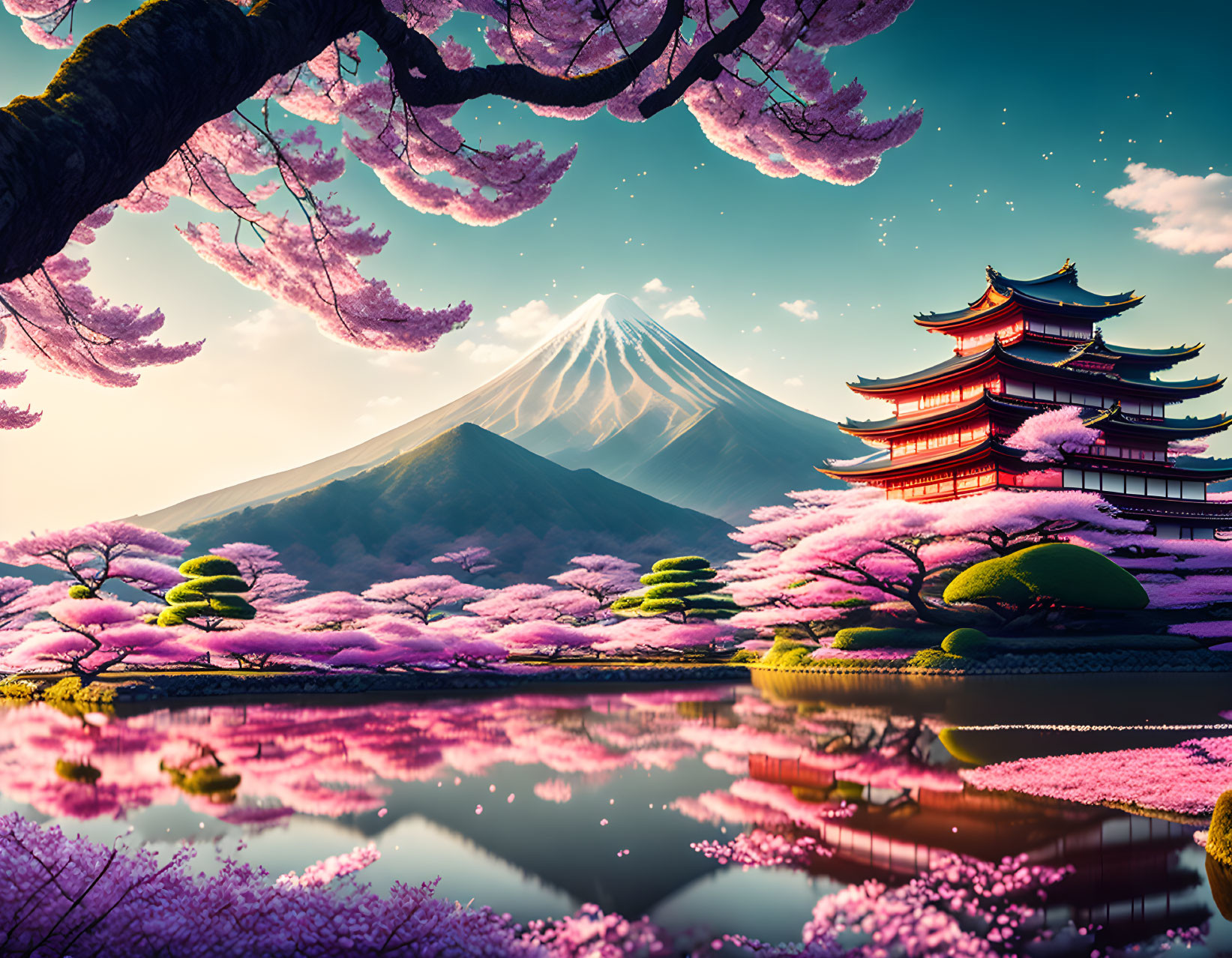 Tranquil landscape: Mt. Fuji, pagoda, cherry blossoms, calm lake