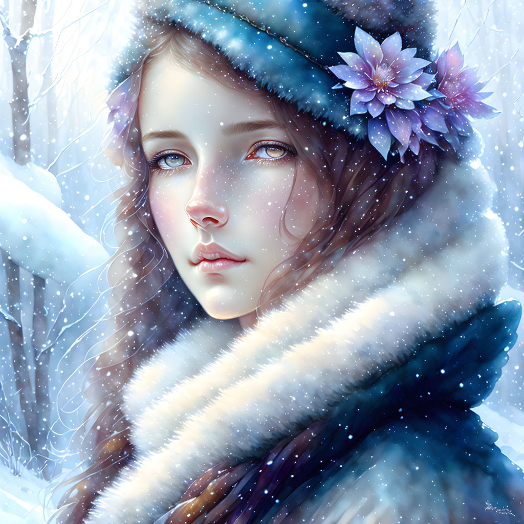 Young woman with blue eyes and winter flower in snowy setting wearing striped shawl