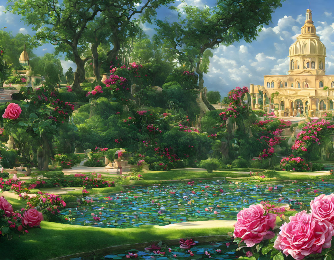 Pink roses, water lilies, and golden dome in lush garden landscape