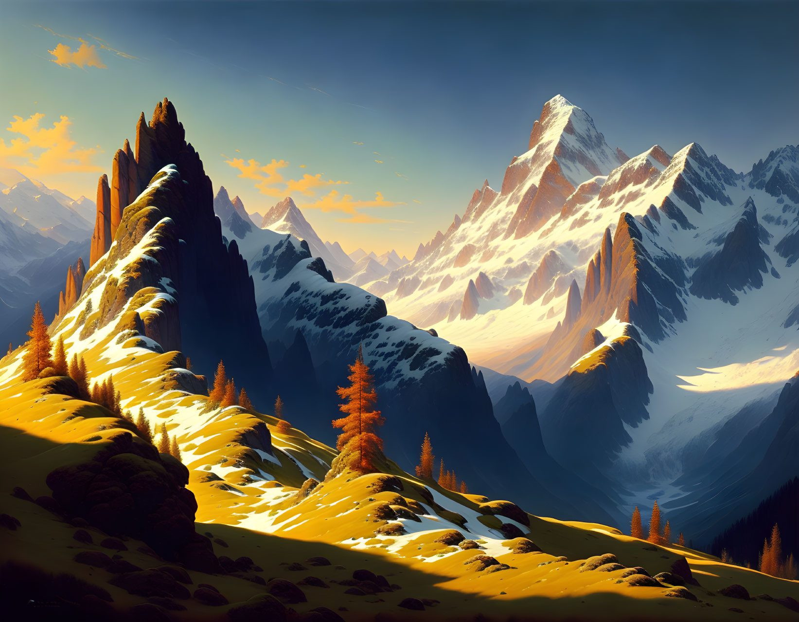 Snowy Mountain Peaks and Golden Trees in Sunlit Landscape