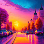 Colorful sunset cityscape with purple trees, wet street, parked cars, and domed building.