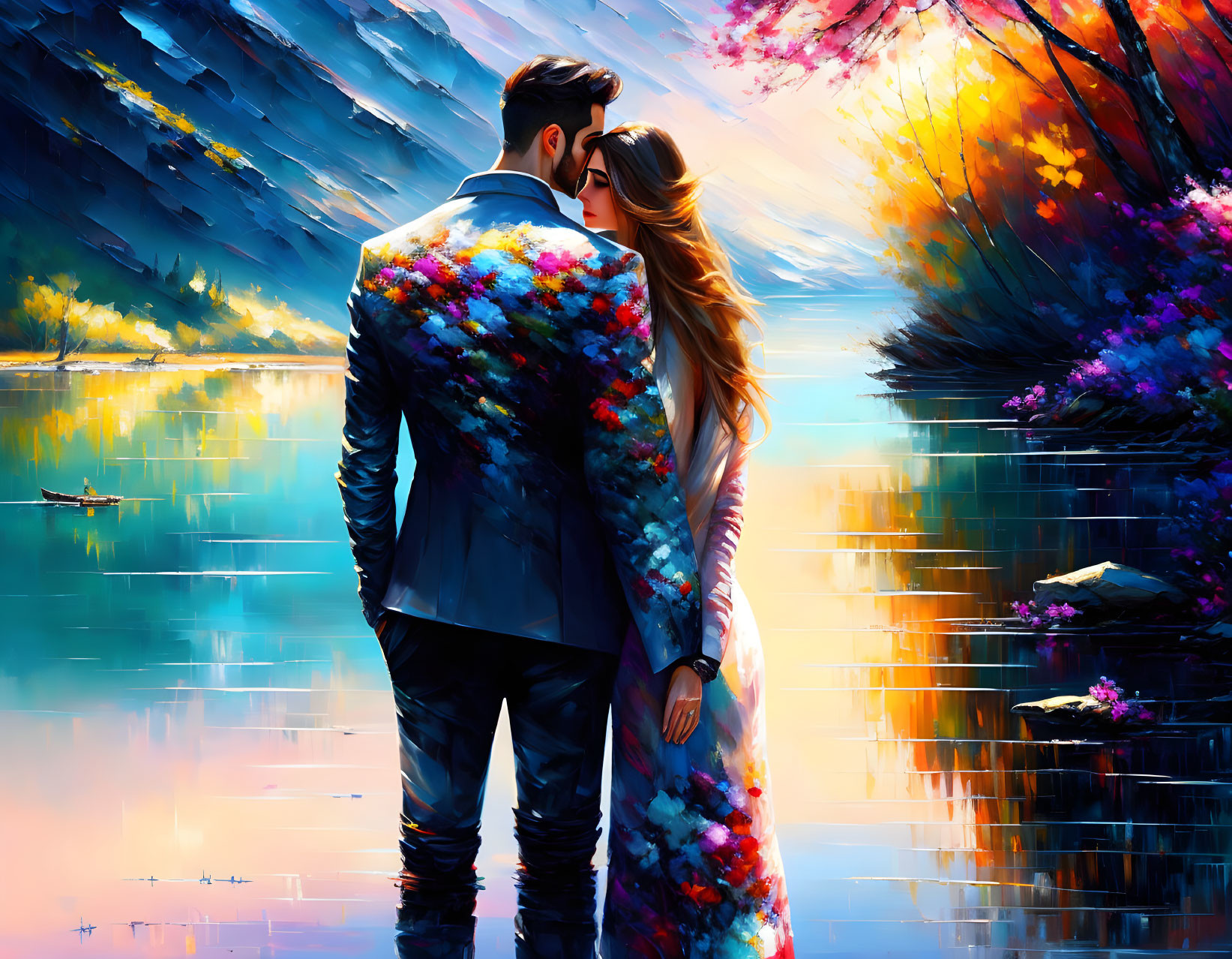 Colorful Attire Couple Embracing by Serene Autumn Lake