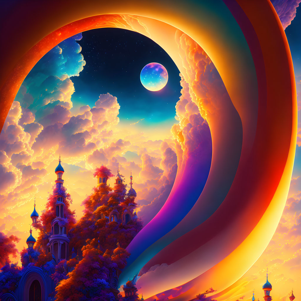 Surreal landscape with orange and blue hues, castle-like structures, night sky, full moon