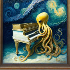 Detailed Octopus Playing Grand Piano Underwater in Surreal Painting