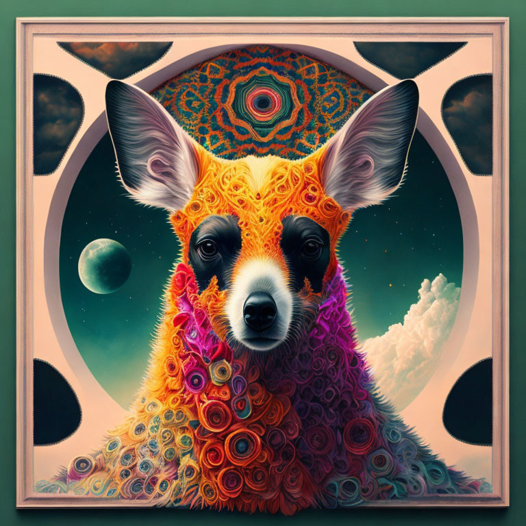 Vibrant dog art with intricate patterns on cosmic background