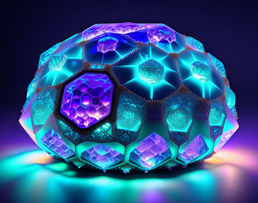 Colorful spherical jewel with intricate geometric patterns on dark background