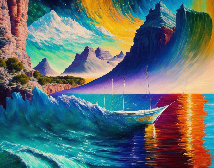 Colorful Sailboat Painting on Turbulent Seas and Surreal Skies