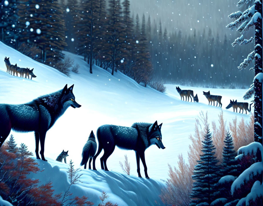 Pack of Wolves in Snowy Forest with Falling Snowflakes