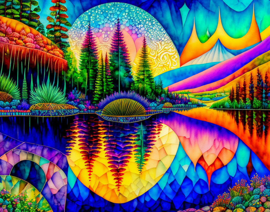 Colorful Landscape with Psychedelic Patterns: Mountains, Trees, River, Crescent Moon, Starry