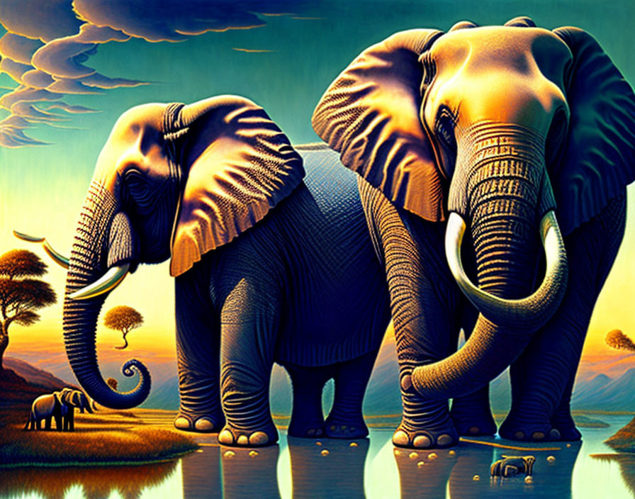 Exaggerated elephants in surreal landscape with sunset & rhinoceros.