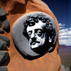Bas-relief sculpture of Edgar Allan Poe in rock formation under blue sky