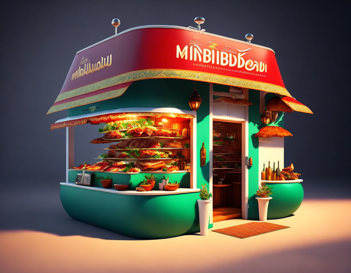Colorful Middle Eastern Food Kiosk with Bright Lighting and Variety of Dishes