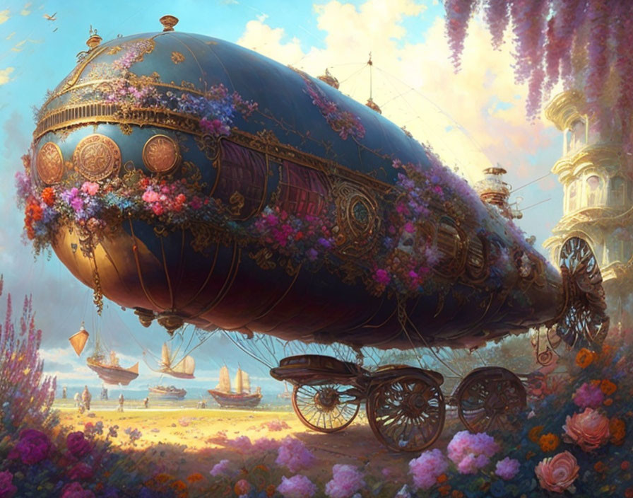 Fantasy airship over vibrant garden with intricate designs