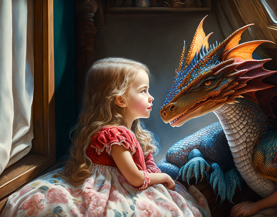 Young girl in red dress gazes at colorful dragon by window