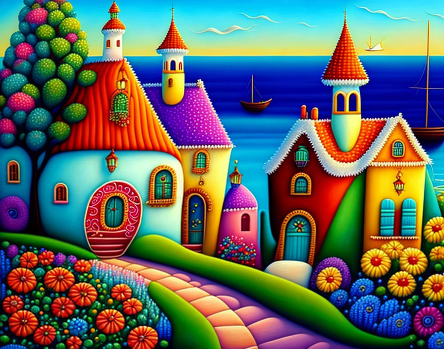 Colorful painting of whimsical buildings, trees, and boats by the sea