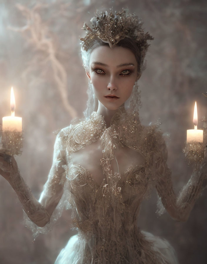 Regal woman with crown and candles in mystical setting