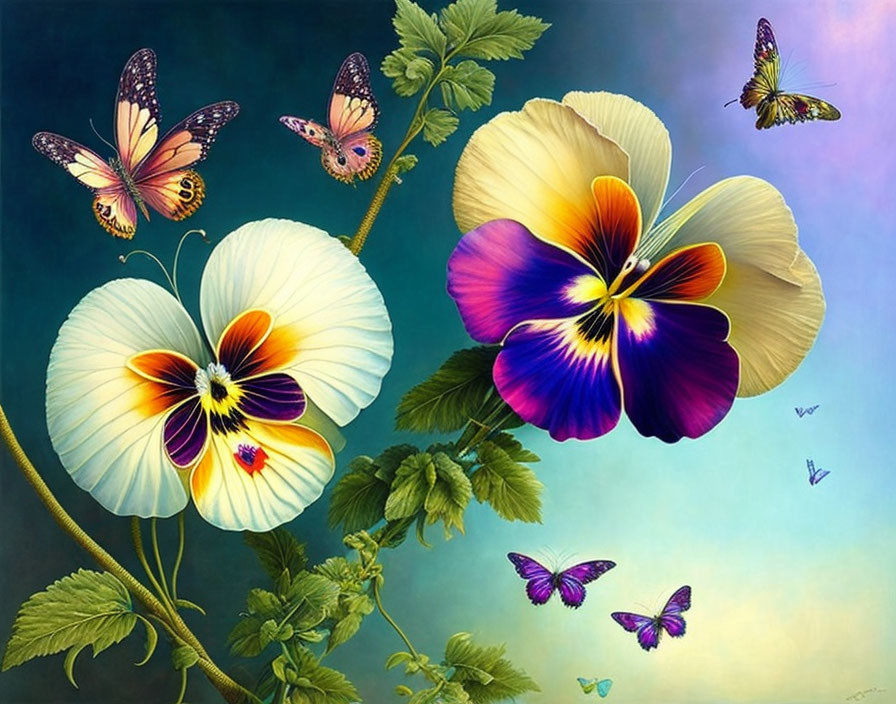 Colorful painting of white and purple pansy with butterflies on blue-green backdrop