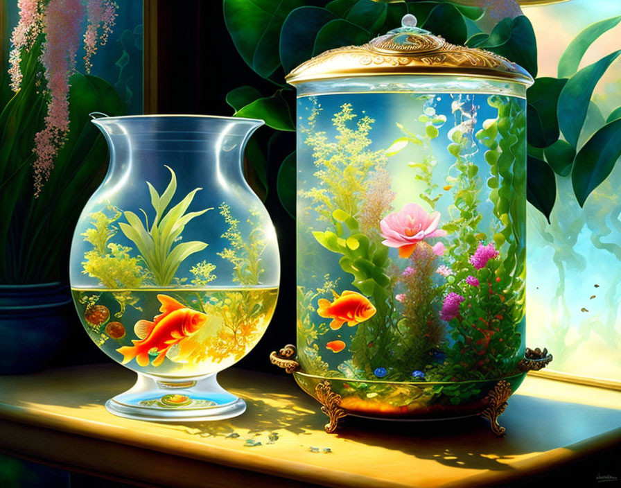 Colorful Digital Art: Goldfish Bowl & Fish Tank with Aquatic Plants