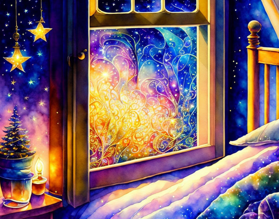 Colorful Watercolor Painting of Cozy Christmas Interior