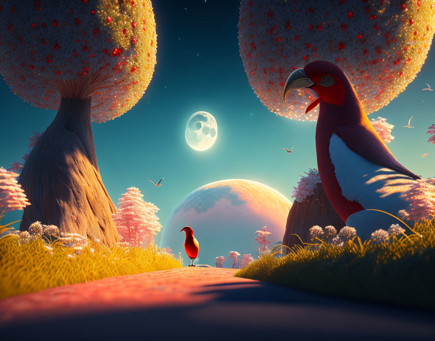 Surreal dusk landscape with large moon, blooming trees, and giant robin observing a small one