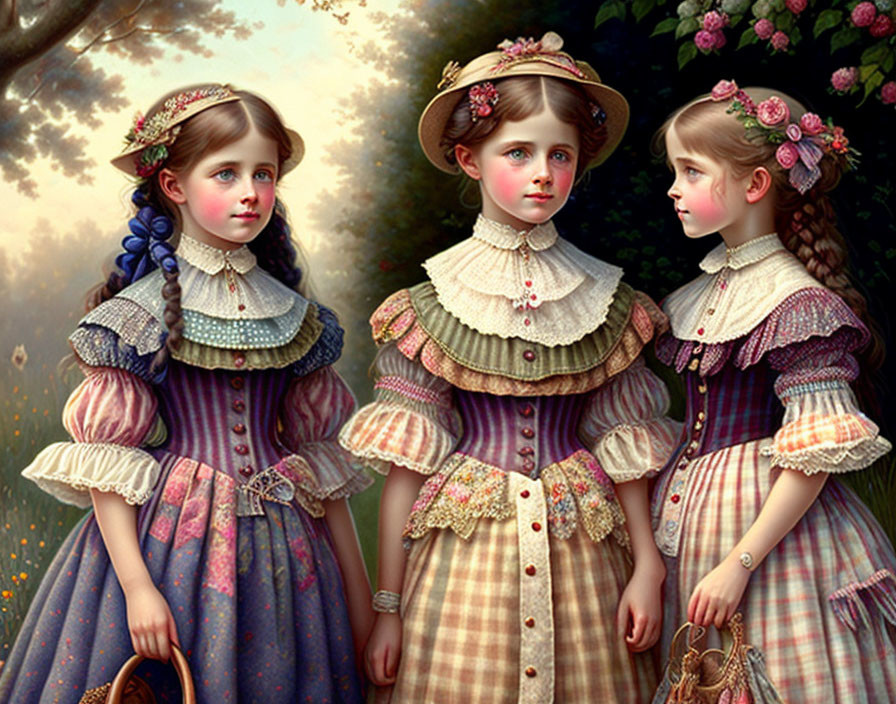 Three girls in Victorian dresses with floral bonnets in a garden setting.