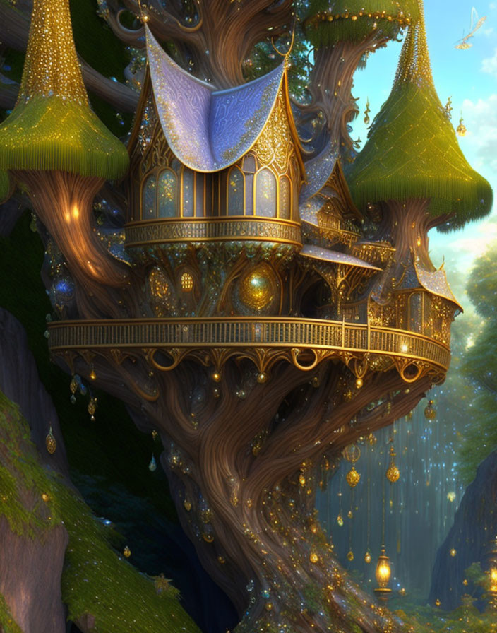 Golden treehouse with glowing orbs in magical forest