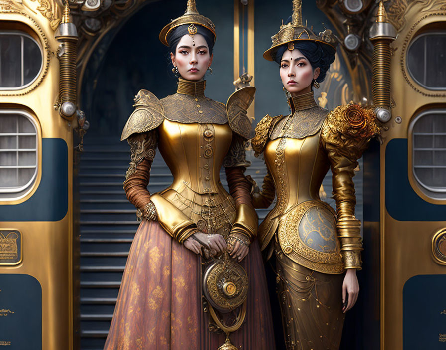 Two women in steampunk armor pose before a mechanical background