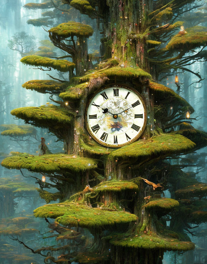 Moss-Covered Tree with Clock Face and Lit Candles in Misty Forest