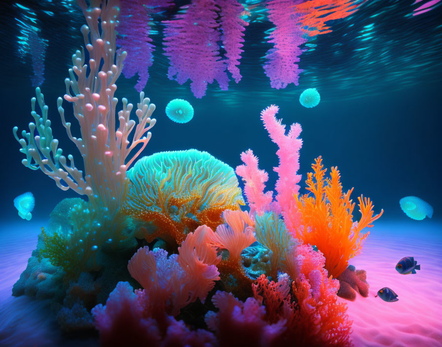 Colorful Underwater Scene with Corals and Jellyfish in Blue Water