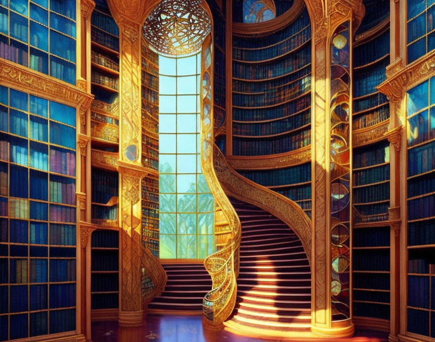 Sophisticated library room with spiral staircase, golden designs, bookshelves, and natural light.