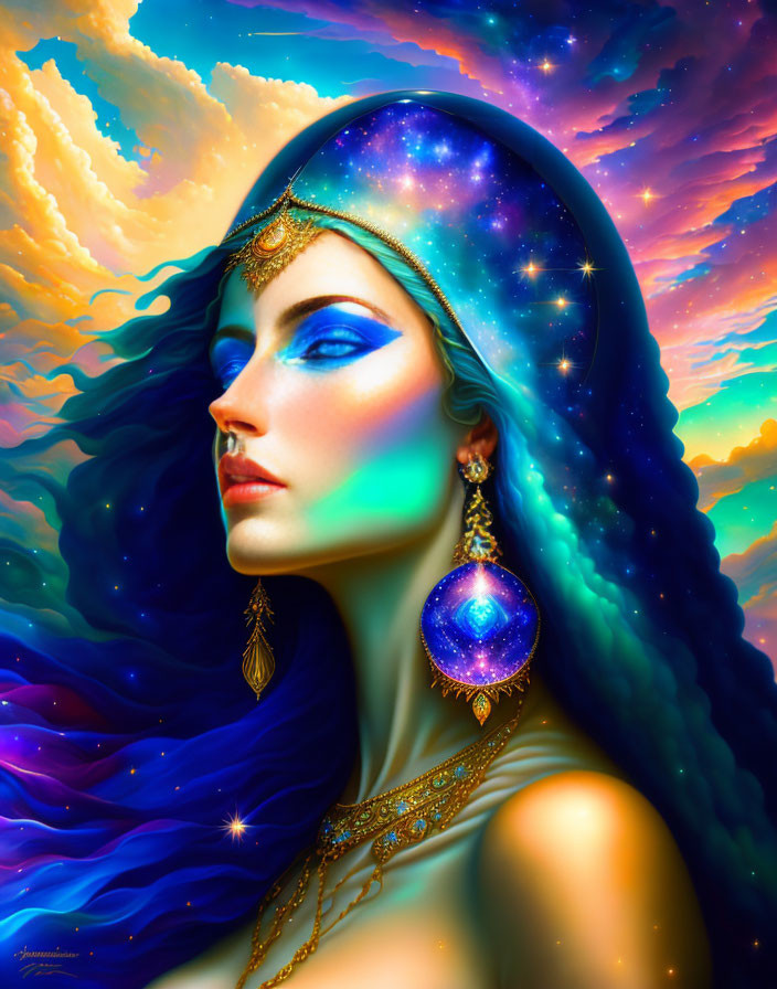 Vibrant blue skin woman with galaxy hair and golden jewelry on celestial sky background