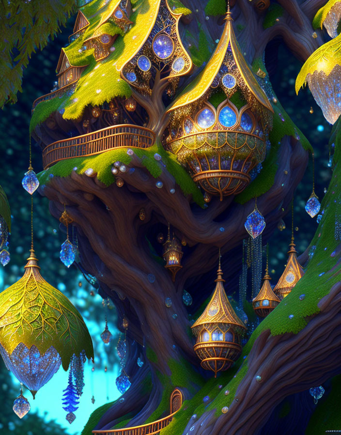 Enchanted forest treehouse with glowing windows and lanterns