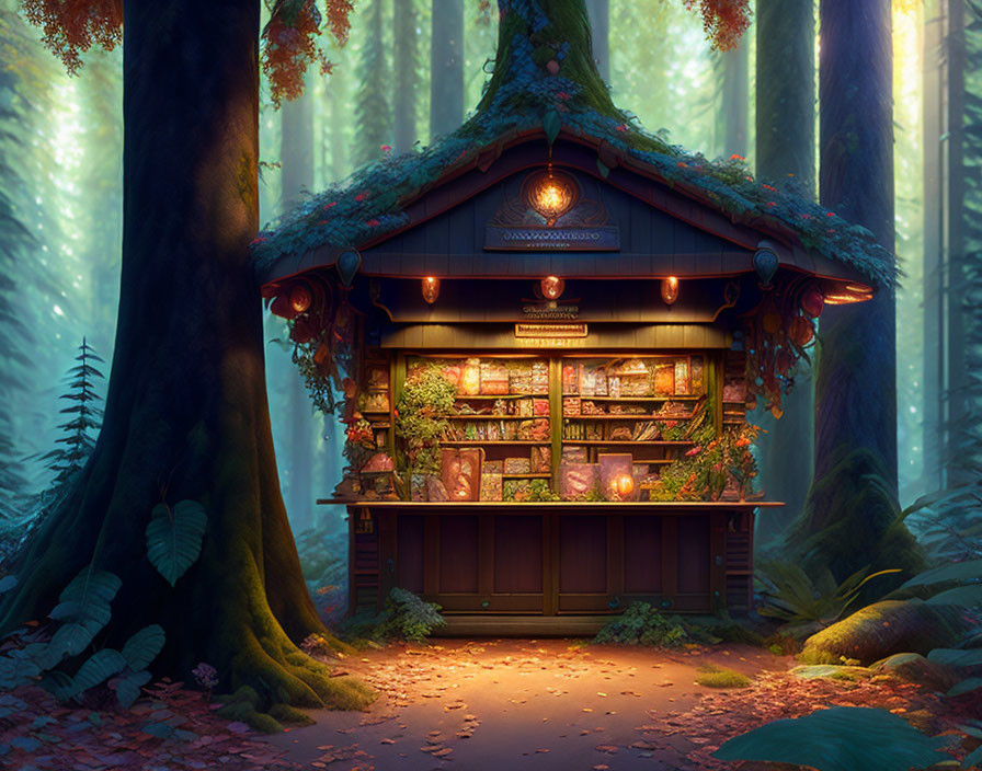 Cozy storefront in enchanted woodland setting